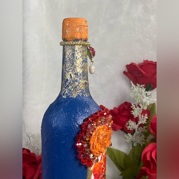 Hand Painted-Decoupaged Sugar Skull-Dia De Los Muertos-Day of the Dead Bottle - Picture 6 of 12